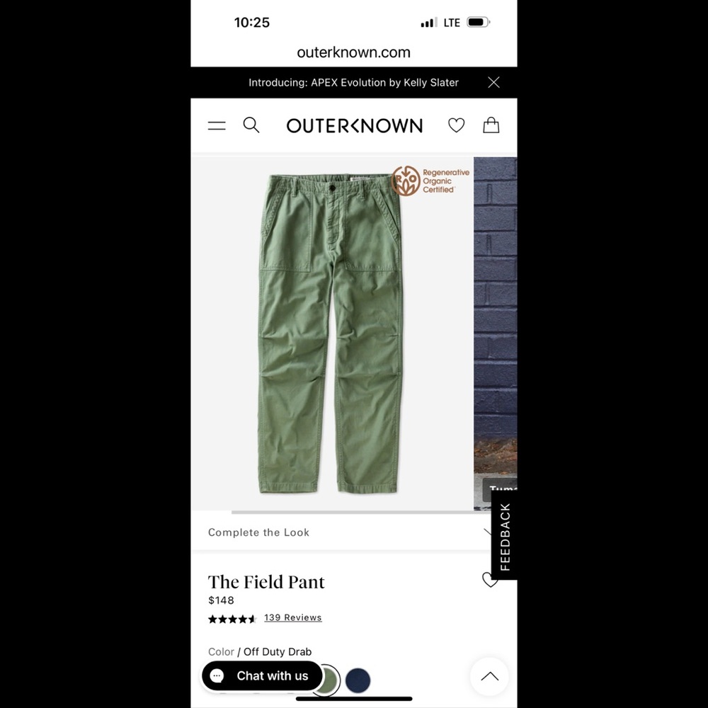 OUTERKNOWN The Field Pant in Olive Green size 31x32 Organic Cotton NWOT - Picture 5 of 6